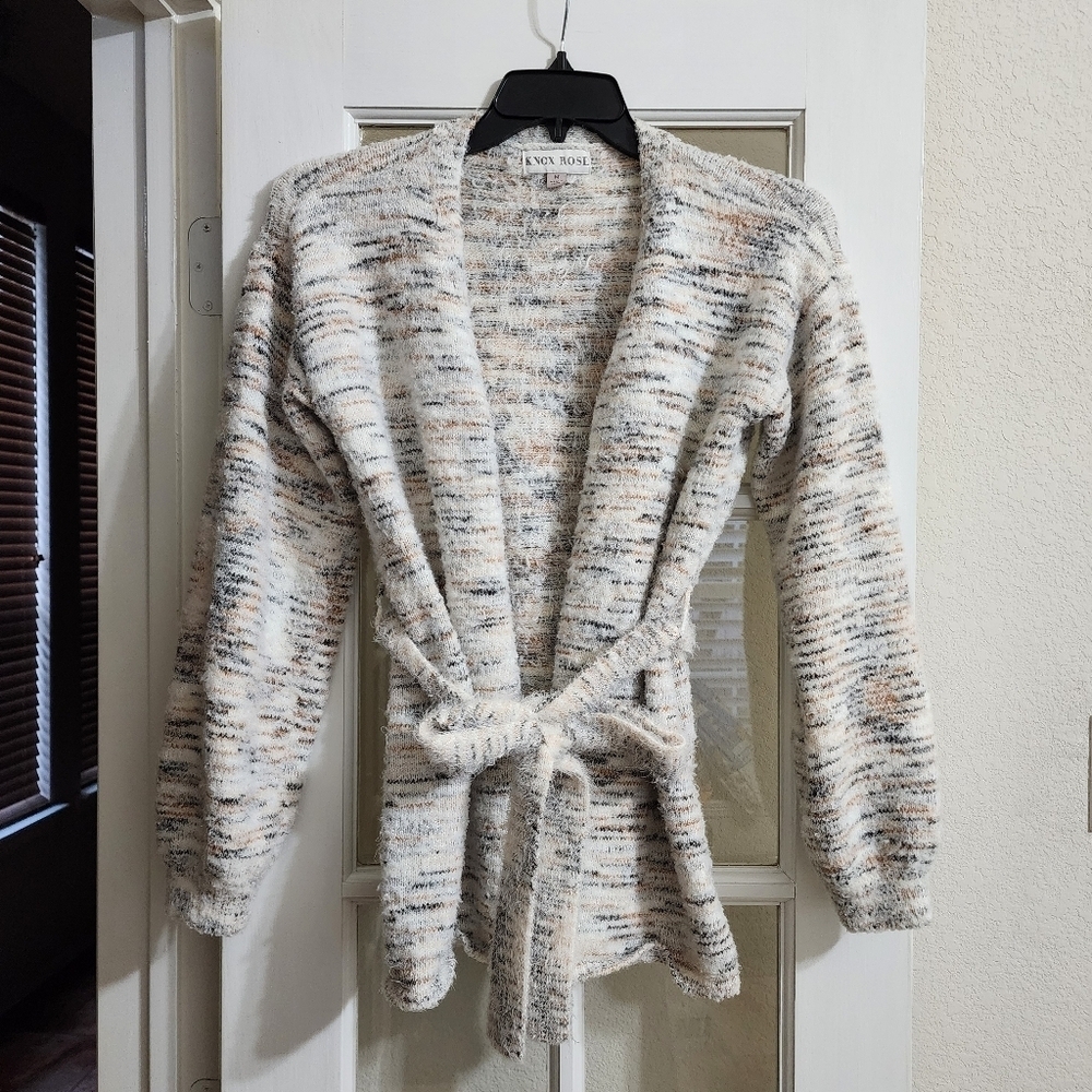 Knox Rose Medium Open-Front Tie-Belt Thick Fuzzy Marled Knit Cardigan Sweater